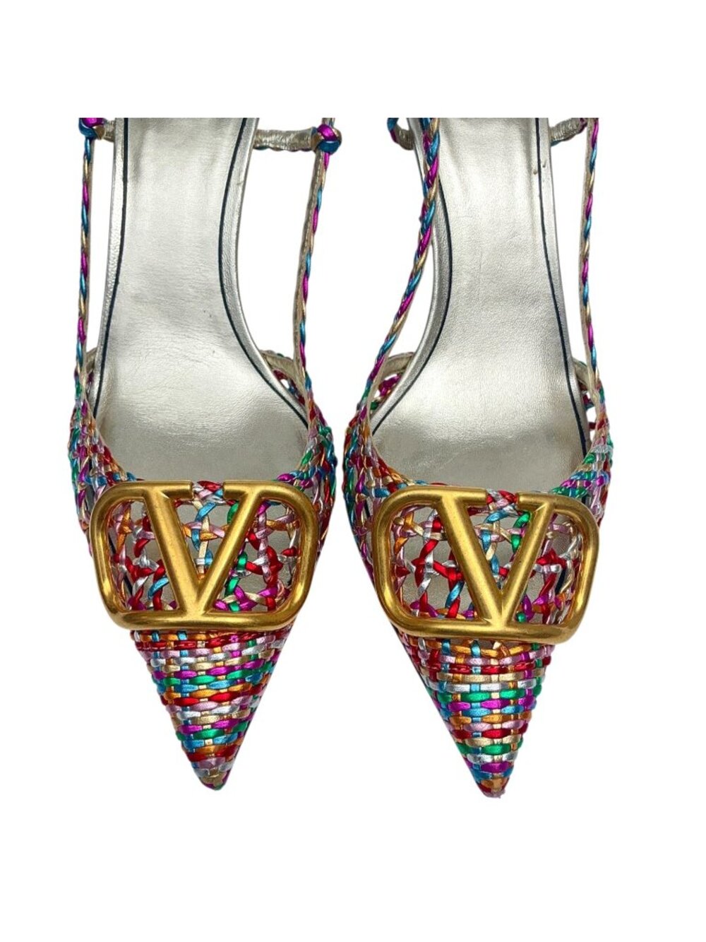 VALENTINO Garavani Multicolor Woven Leather Vlogo Pointed Toe Slingback Sandals - Picture 6 of 12